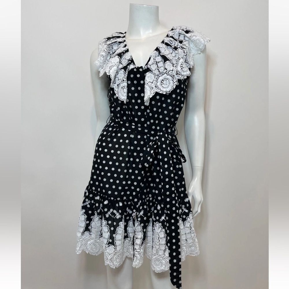 Miguelina Black polka dot crochet lace detailed Mini Dress, M - Picture 2 of 12